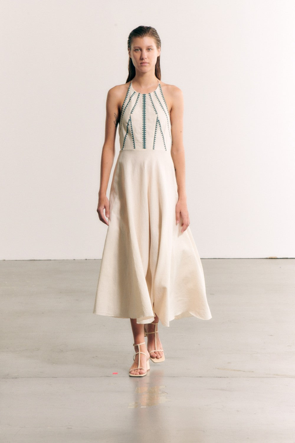 Greece Off White With Teal Stitching Halter Dress LARGE Greece Off White With Teal Stitching Halter Dress LARGE